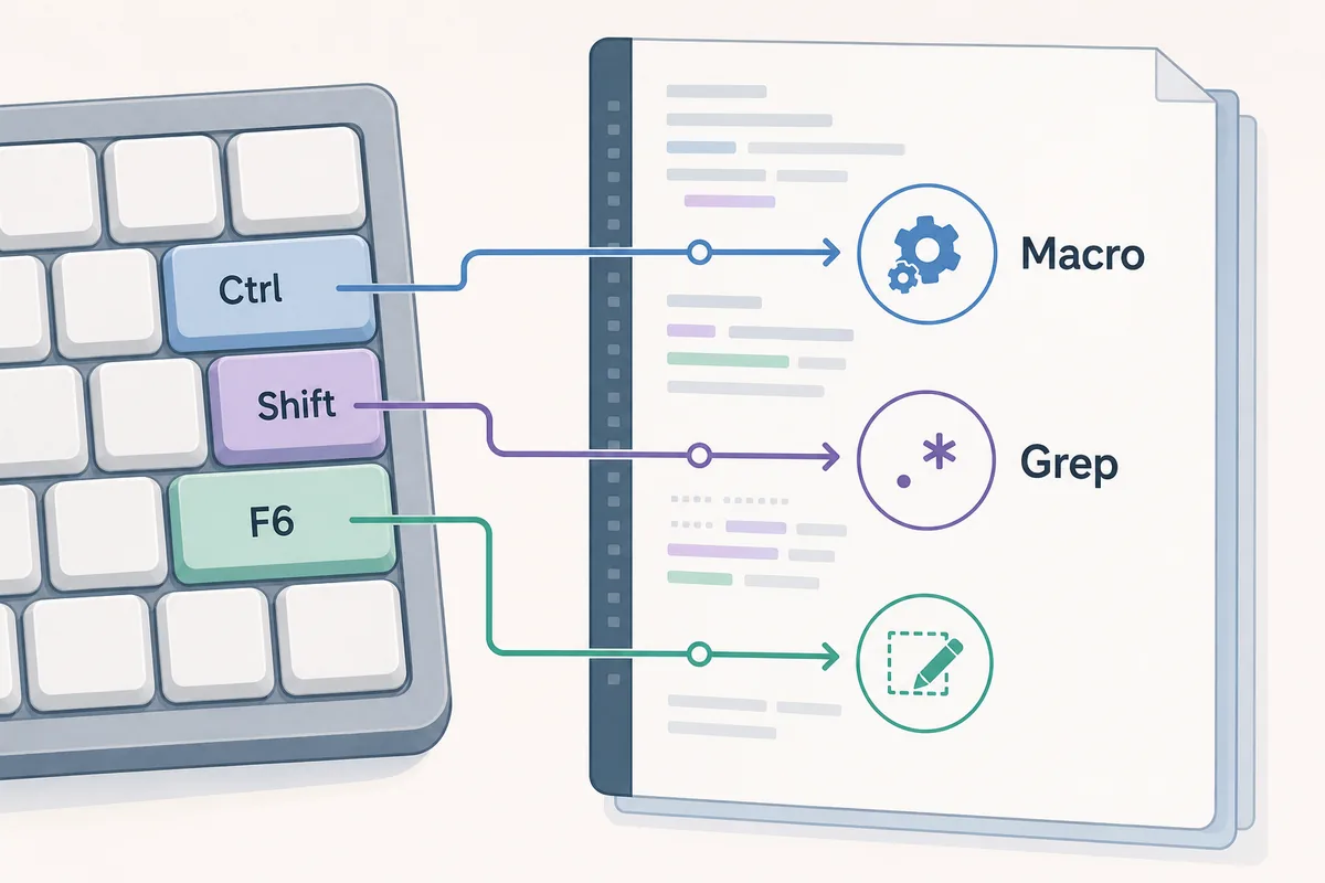 Diagramme reliant les raccourcis Sakura Editor aux tâches de recherche, Grep et macro