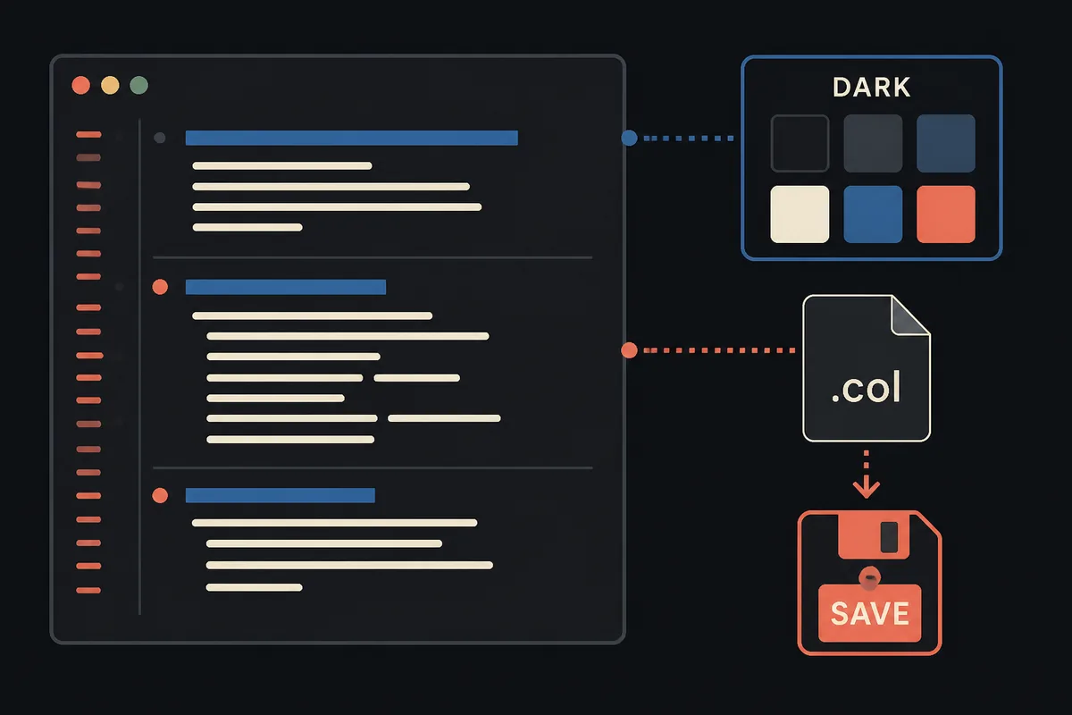 Concept diagram of a dark text editor palette connected to a .col file and a save check
