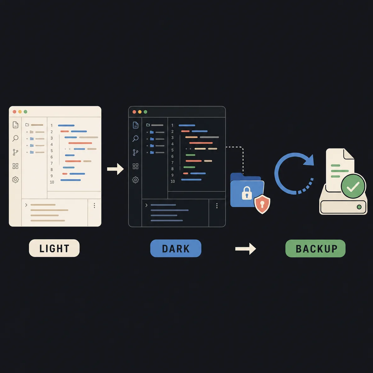 Concept flow from a light palette to a dark palette, protected settings, restart, and backup review