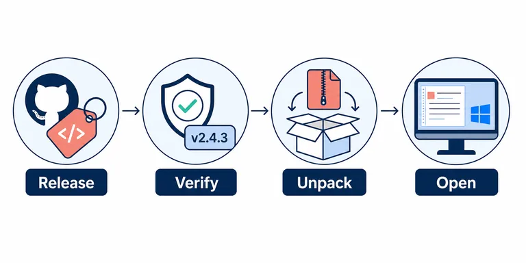 Vierschrittige Illustration zum Prüfen des Releases, der Version, des ZIPs und zum Öffnen von Sakura Editor