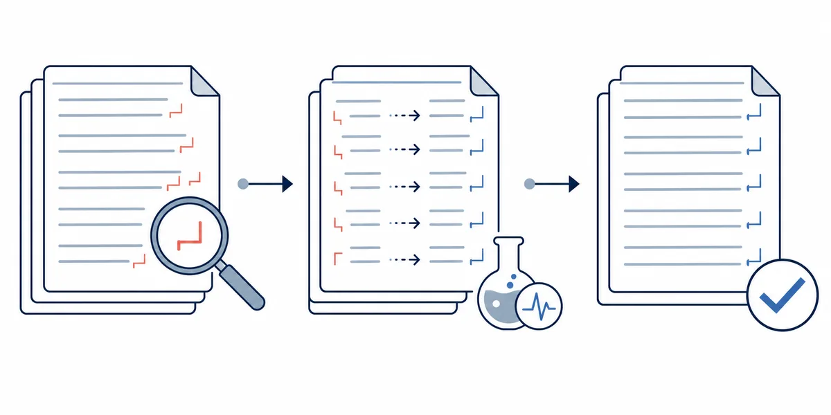 Workflow diagram for checking, testing, and reviewing line break replacement in Sakura Editor