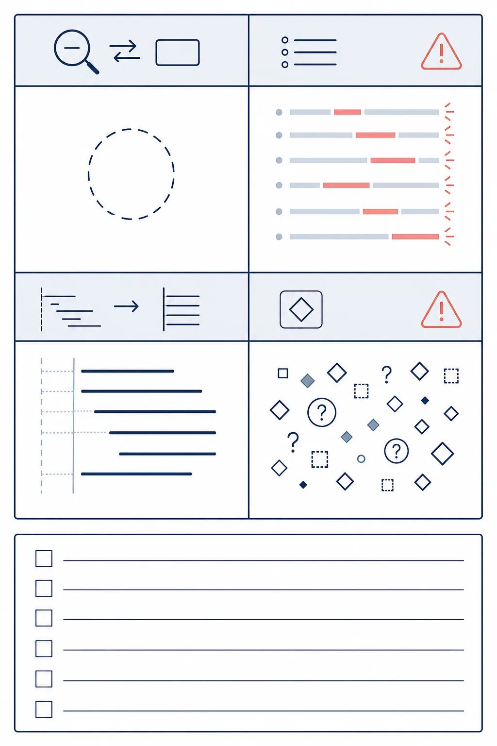 Troubleshooting diagram for no matches, too many matches, broken indentation, and mixed encodings